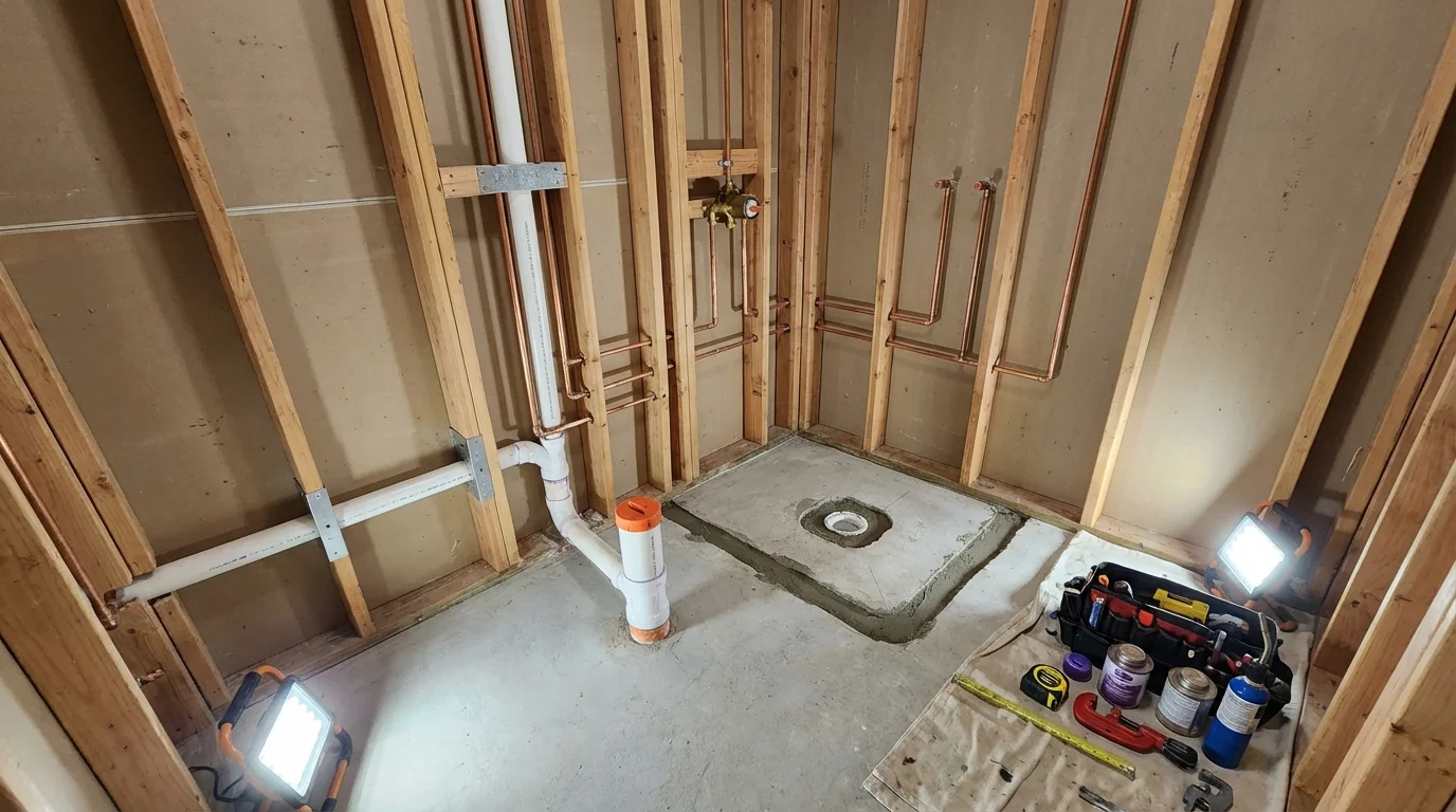 Bathroom rough-in plumbing during remodel by Johns Plumbing LLC in Truth or Consequences