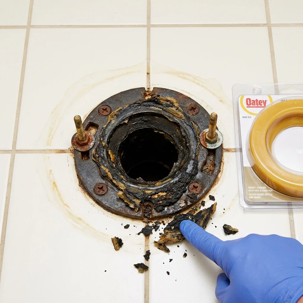 Failed wax ring showing water seepage at the base of a toilet in a Truth or Consequences, NM home